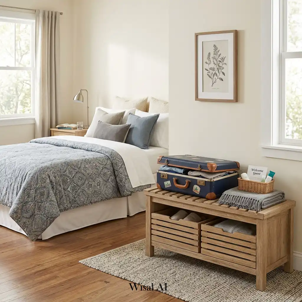 Guest bedroom featuring a luggage bench and practical storage area.