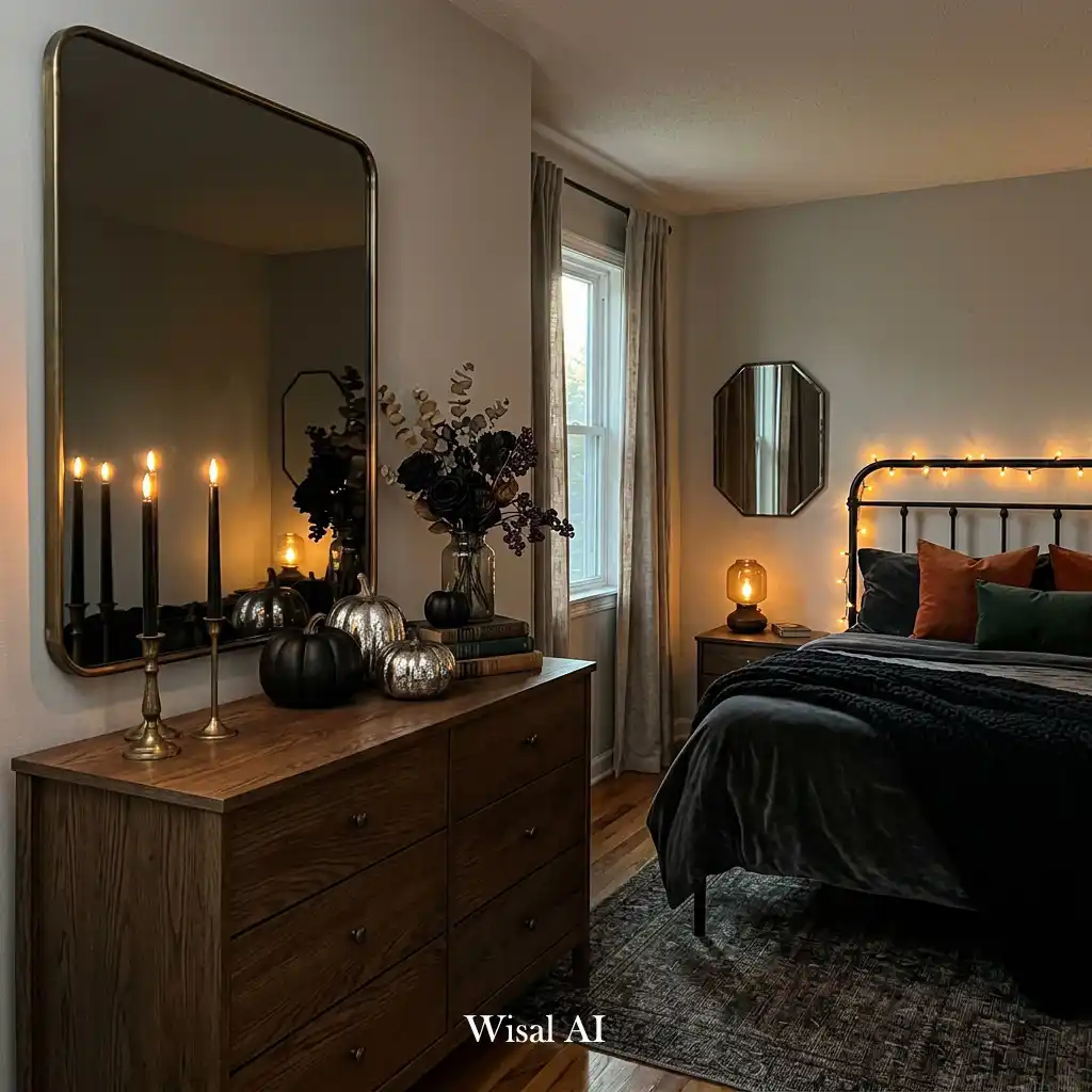 Elegant Halloween bedroom with smoky mirror accents and warm lighting.