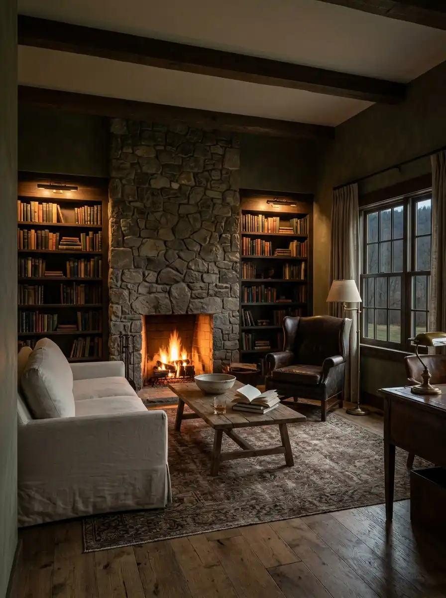 10. Hearth-Side Library: Farmhouse Living Room Study
