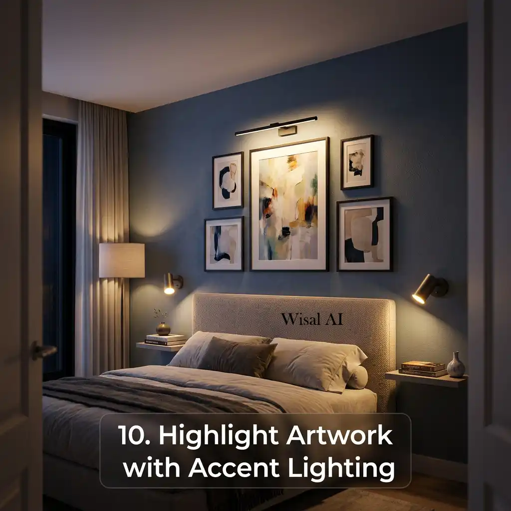 Elegant bedroom with accent lighting highlighting framed artwork and textured wall décor above the bed.