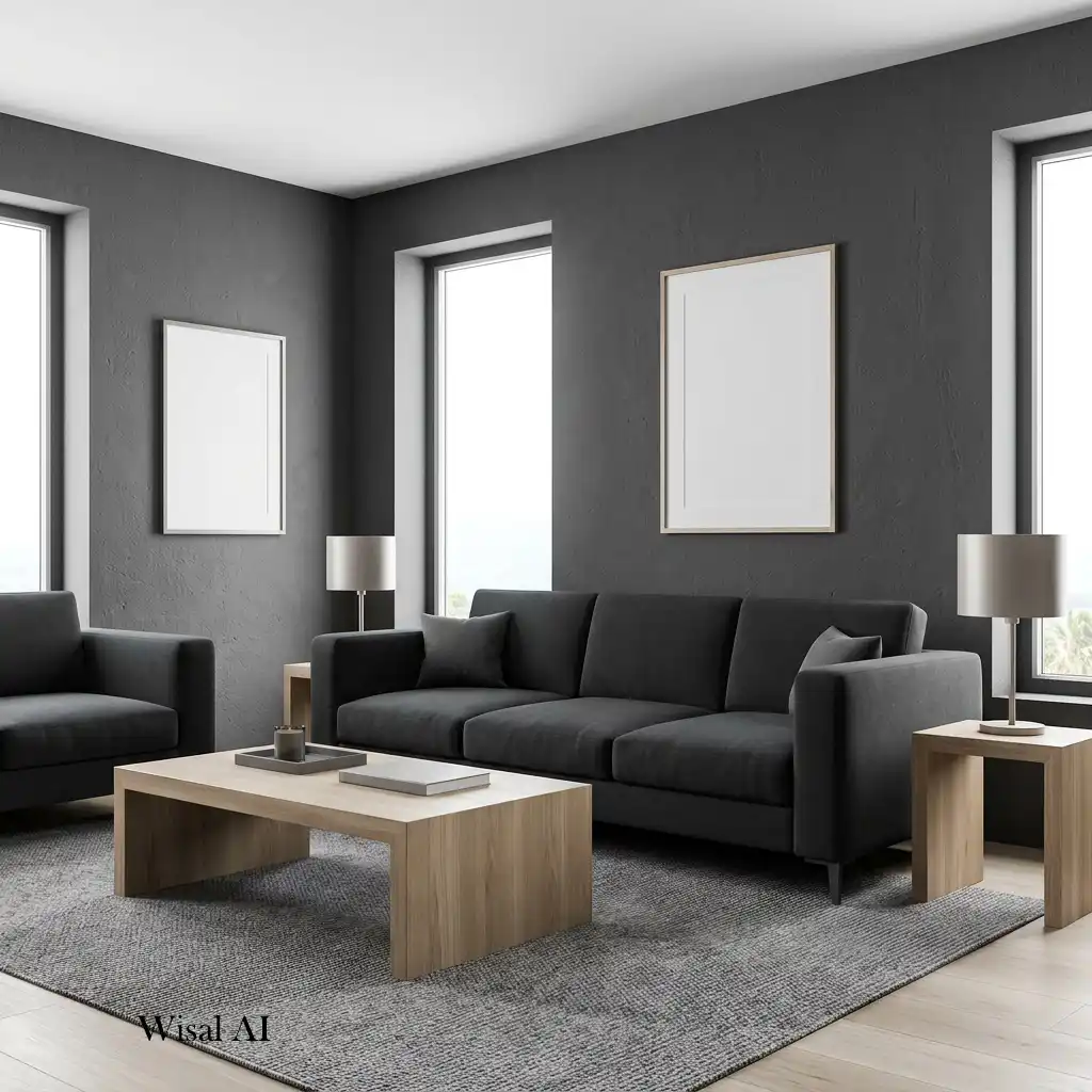 Contemporary living room with charcoal gray and black details.