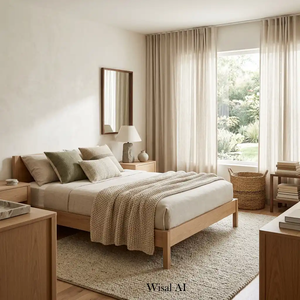 Organic modern bedroom with natural wood furniture, linen fabrics, and wool rugs.