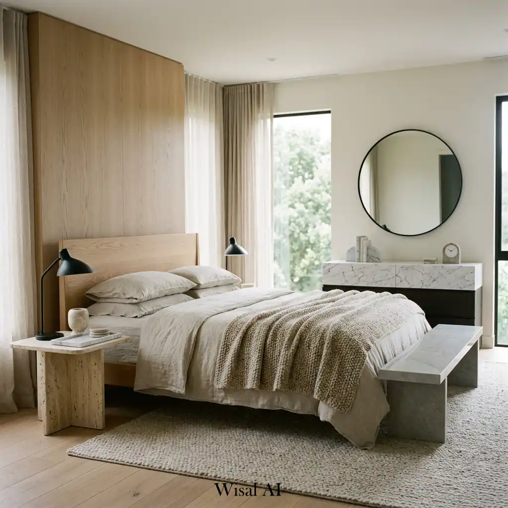 Modern bedroom with travertine and marble accent furniture.
