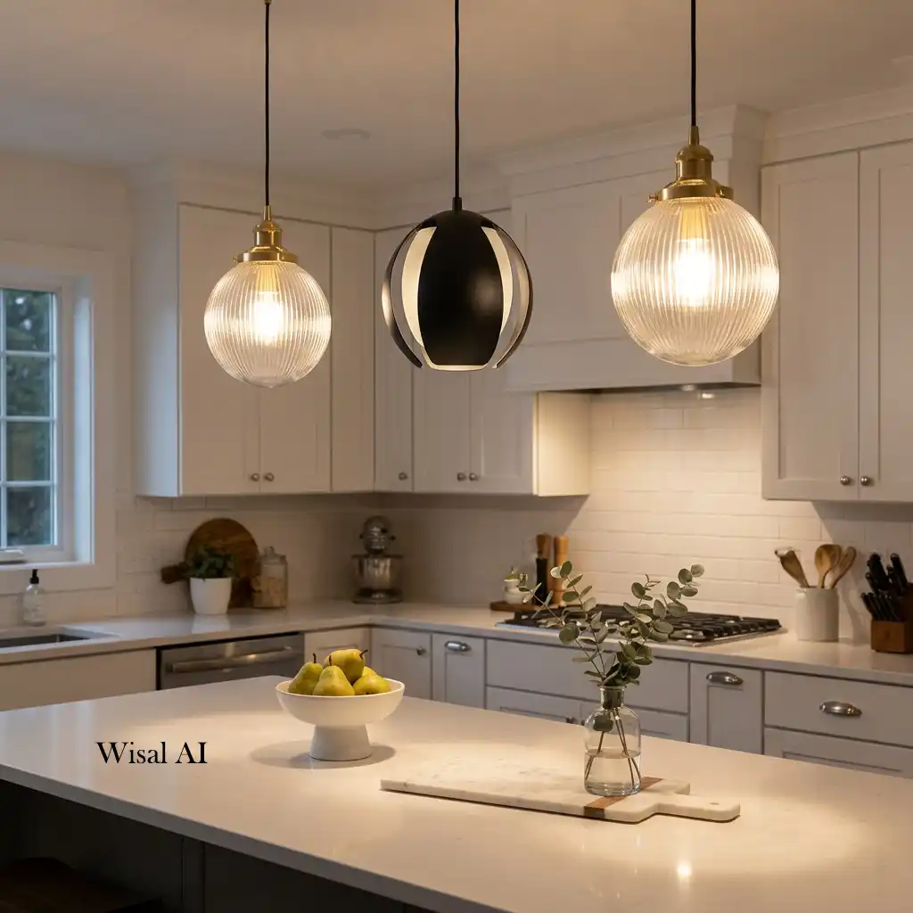 Contemporary kitchen illuminated by elegant pendant lights above a spacious island.