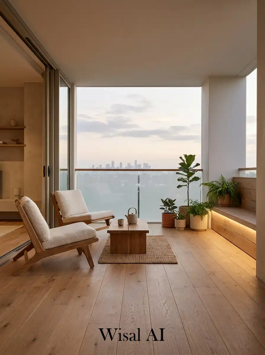 Japandi balcony featuring natural wood flooring and open horizon view for a calm minimal atmosphere.