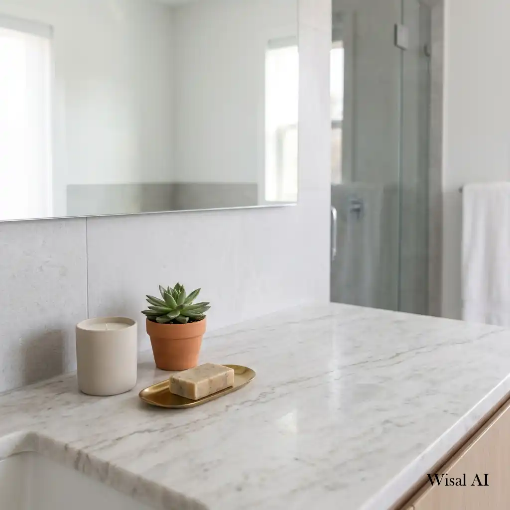 Elegant bathroom vanity styled with minimal decorative accessories for a clutter-free design.