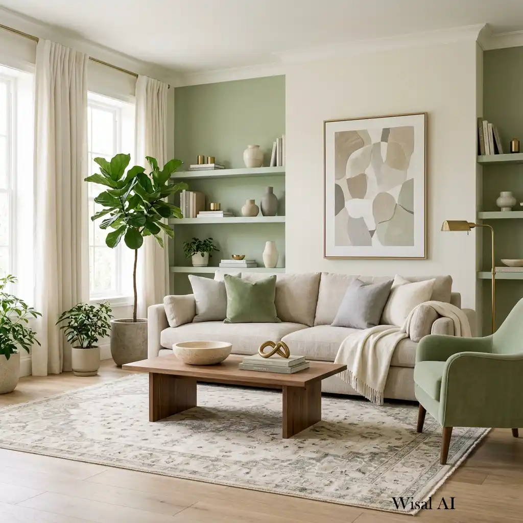 Calm neutral palette with pistachio green, cream, and beige accents.