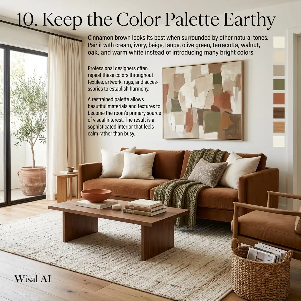 Earth-toned living room featuring cinnamon brown, cream, and olive green accents.