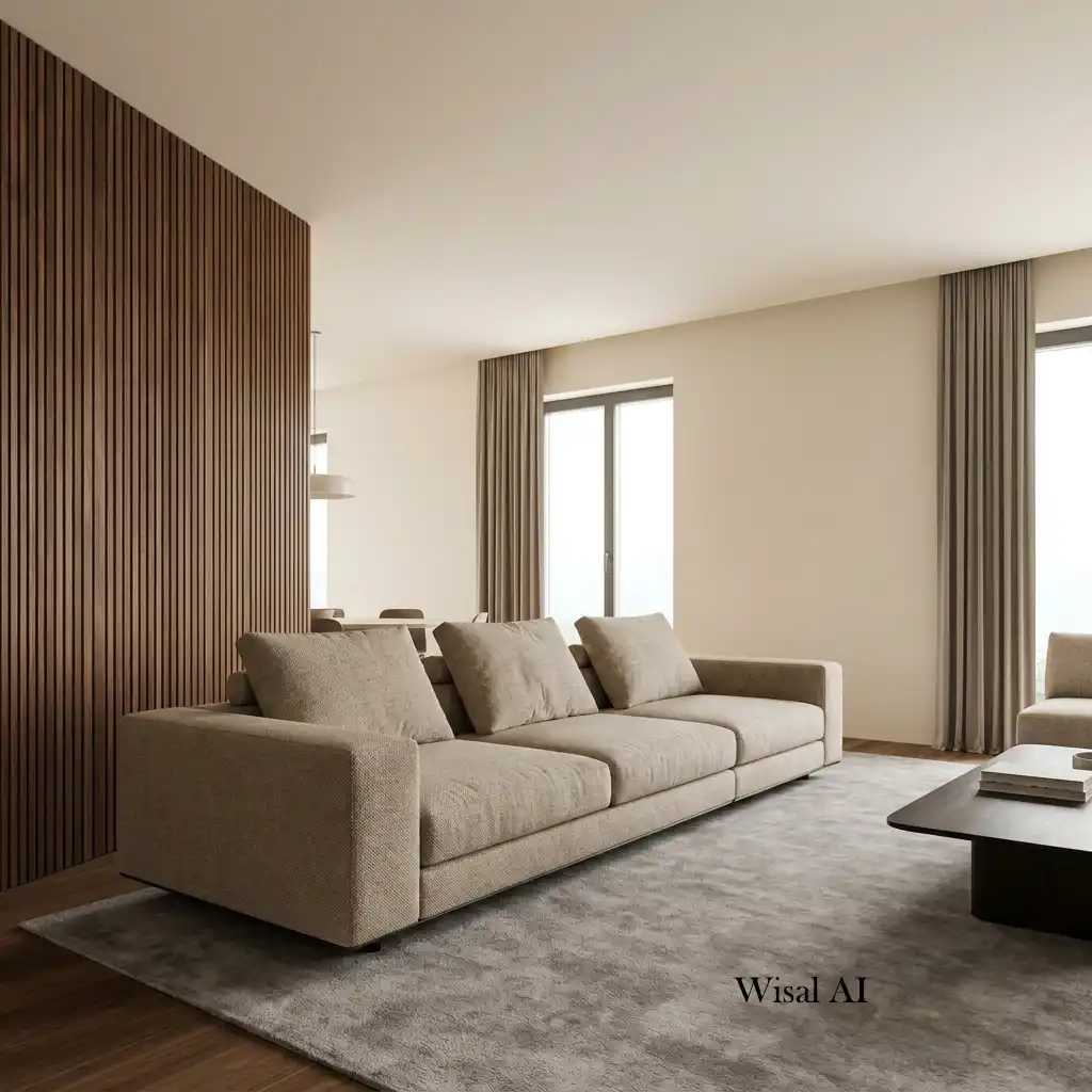 Minimalist walnut and cream living room with a neutral color palette.