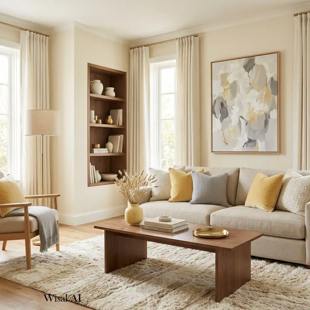 Modern living room with butter yellow, cream, and beige color palette.