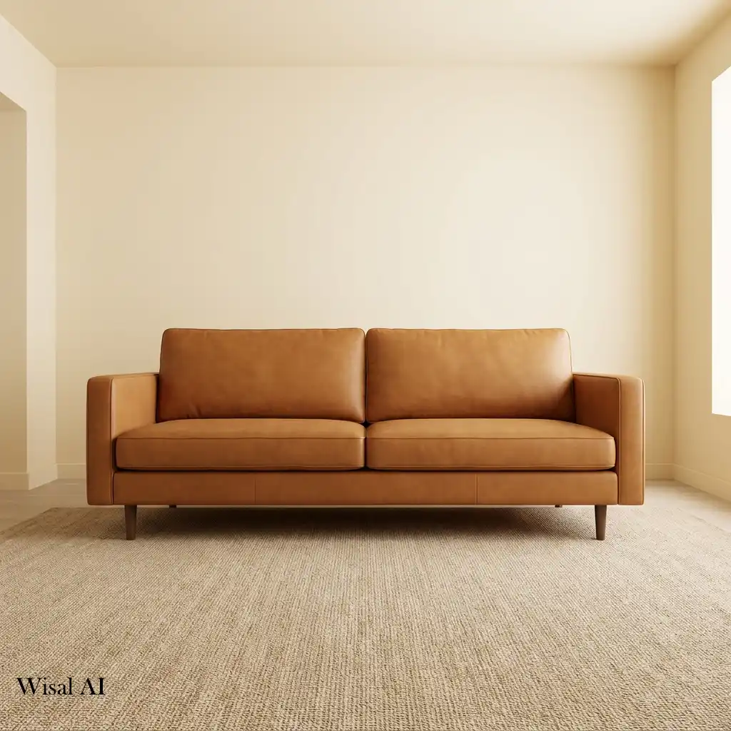 Elegant living room with a warm neutral color palette and caramel accents.