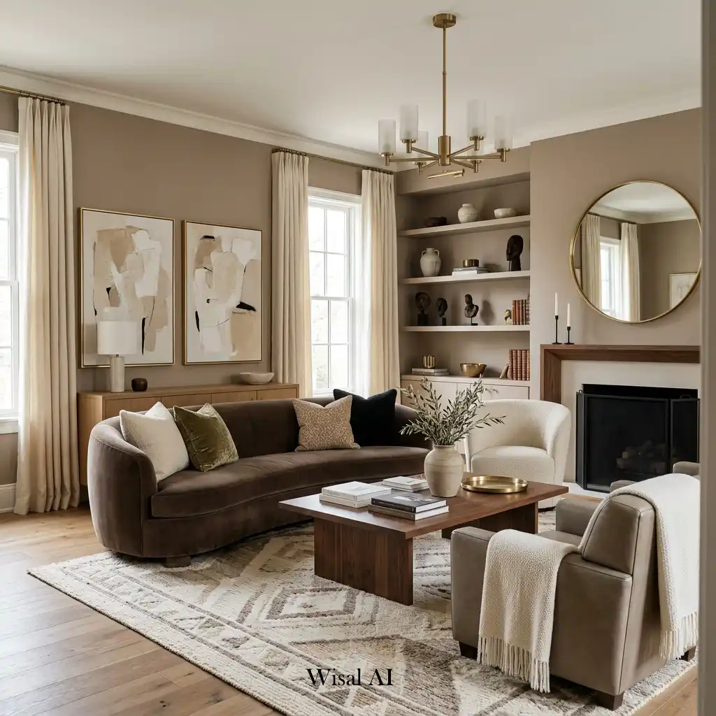 Neutral living room with Mocha Mousse, cream, and beige color palette.