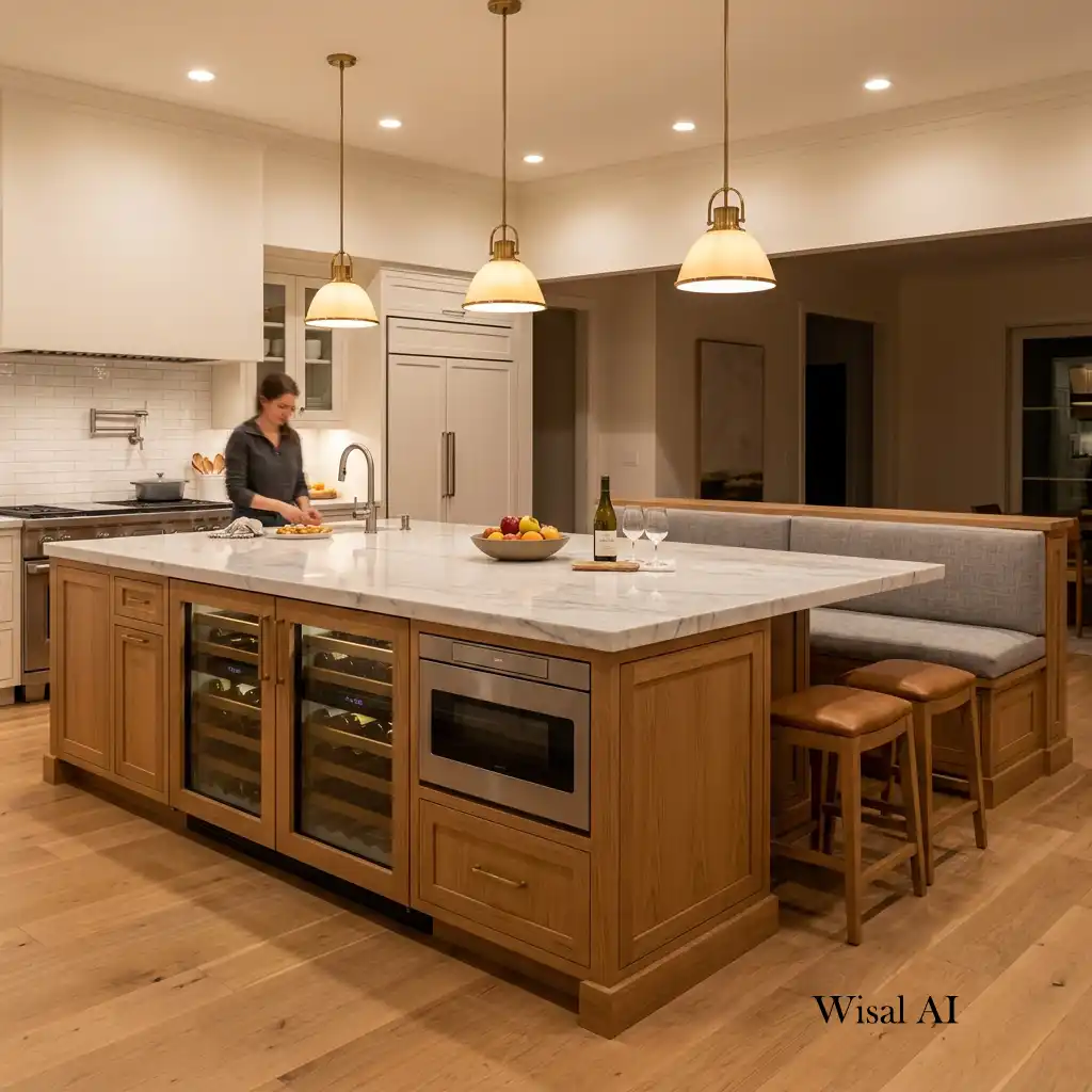 Kitchen island with integrated appliances and comfortable built-in seating.
