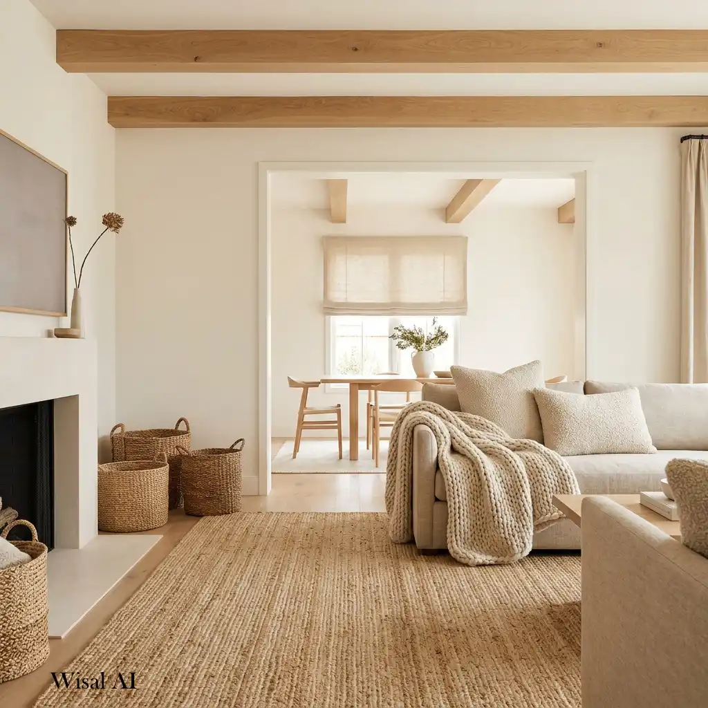 Elegant home layered with natural textures including linen, wood, wool, and woven accents.