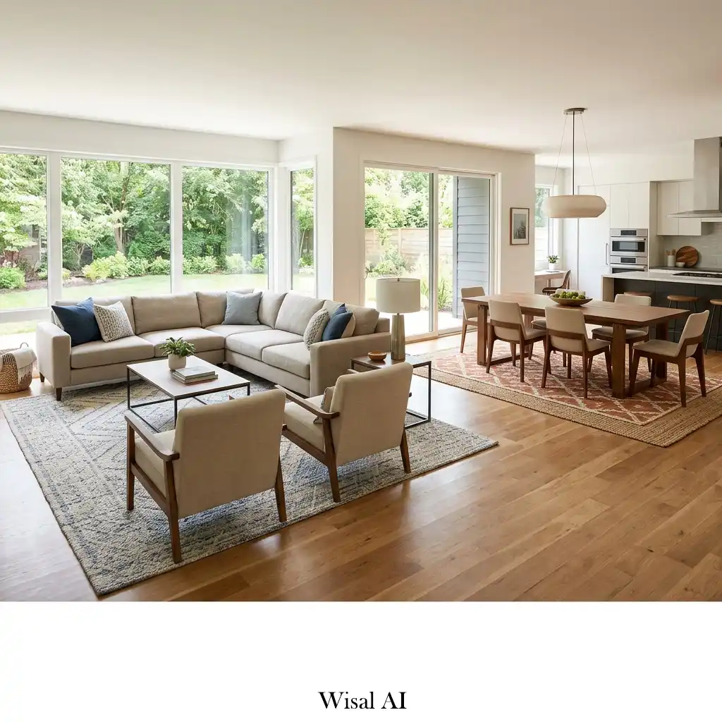 Open-concept home using area rugs to define separate functional living spaces.