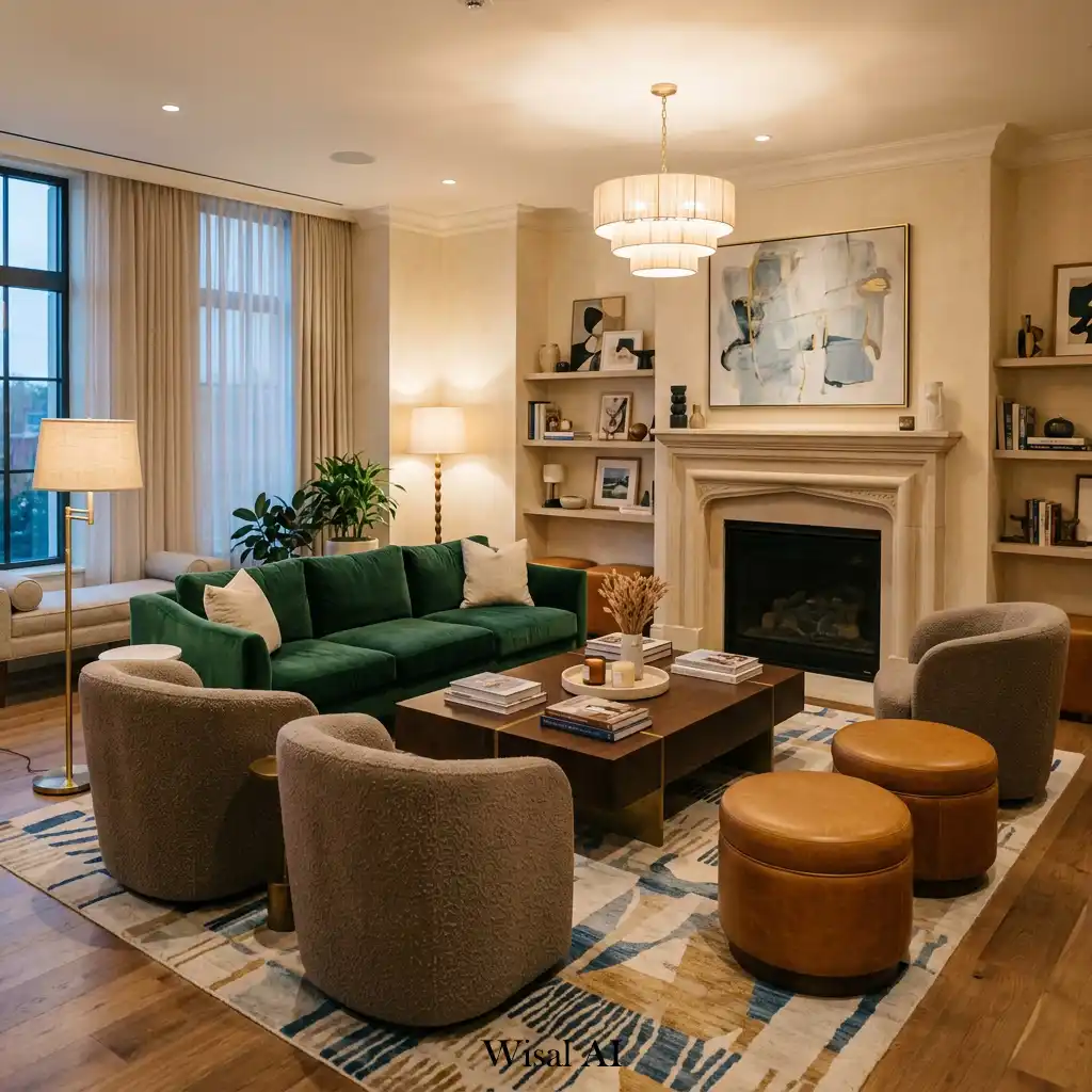 Luxury lounge-style living room with comfortable conversational seating