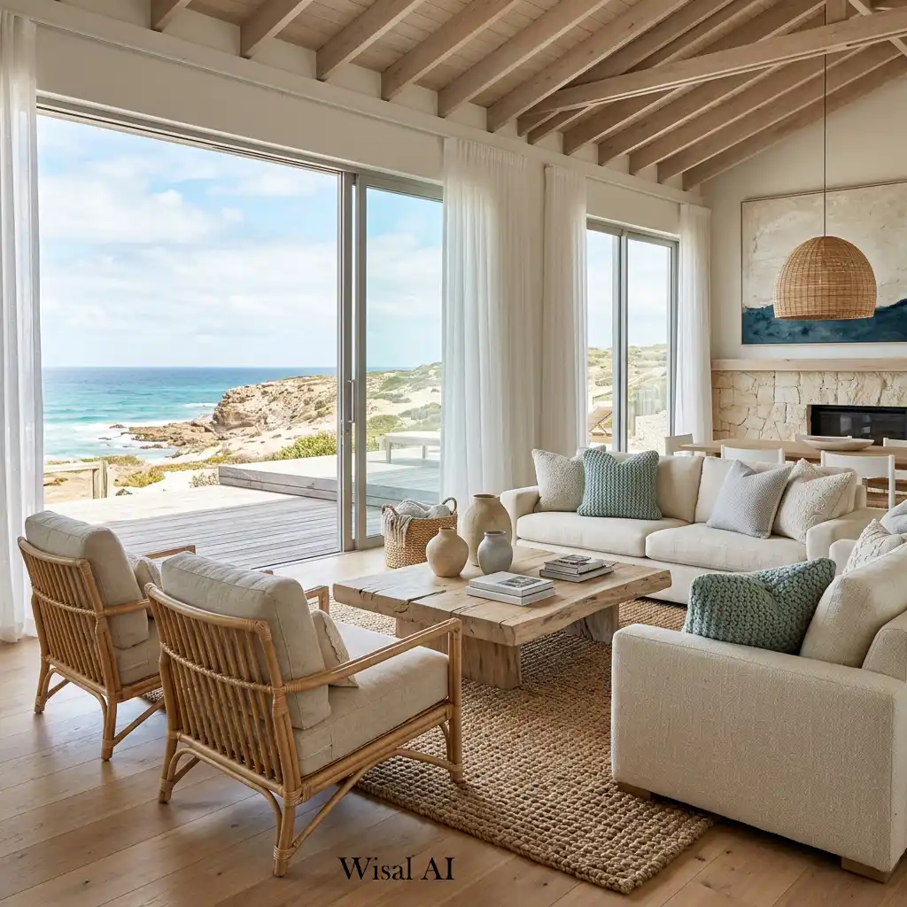 Luxury coastal living room with ocean-inspired textures and materials.