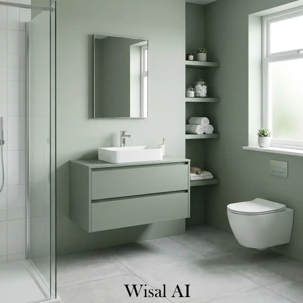 Minimal floating sage green vanity modern bathroom