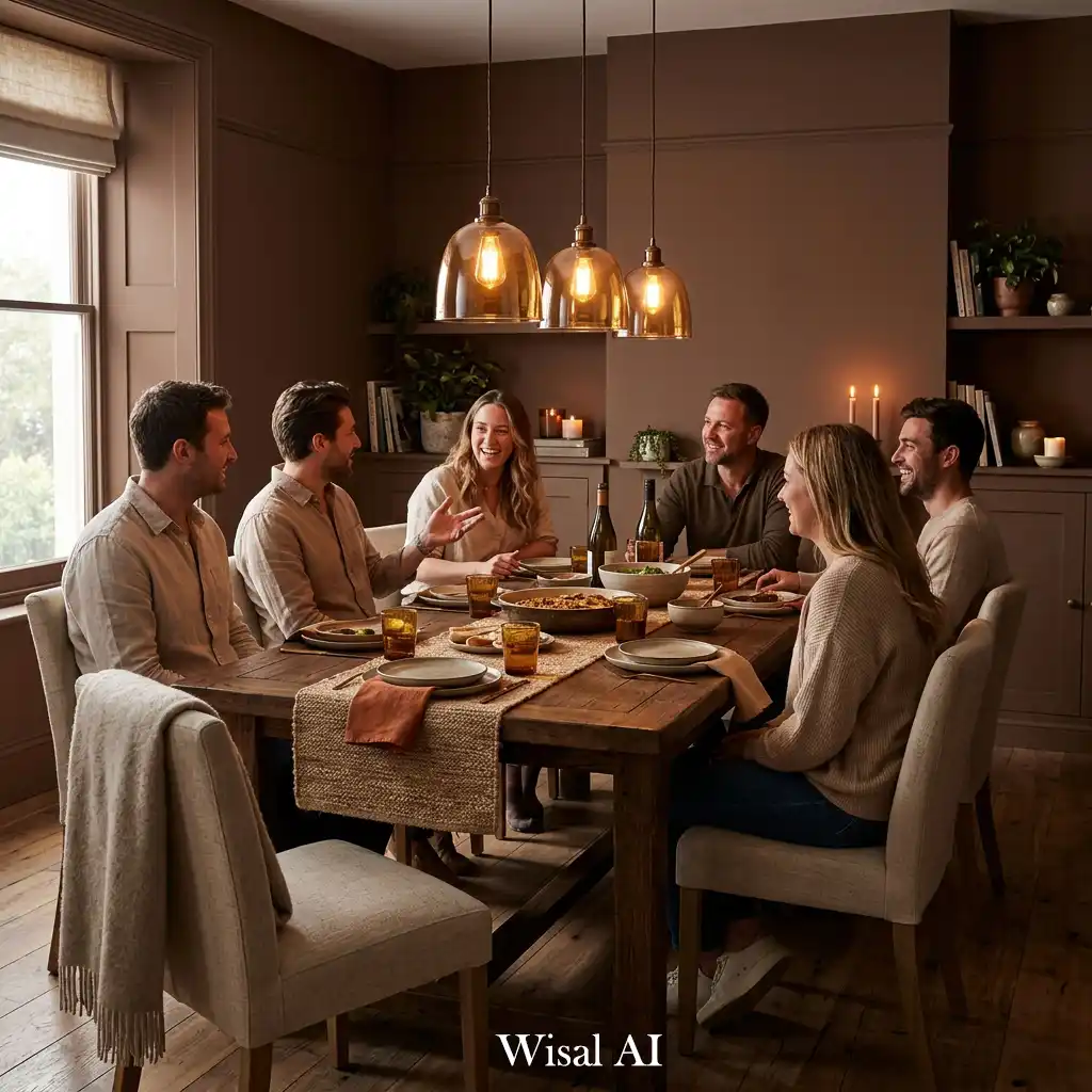 Modern dining space with mocha tones and warm lighting