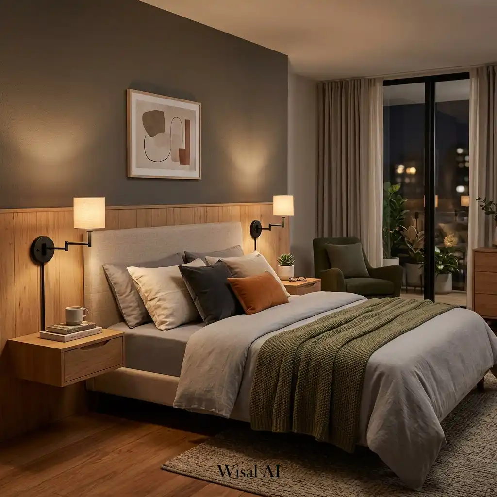 Stylish bedroom with warm wall sconces and layered lighting design.