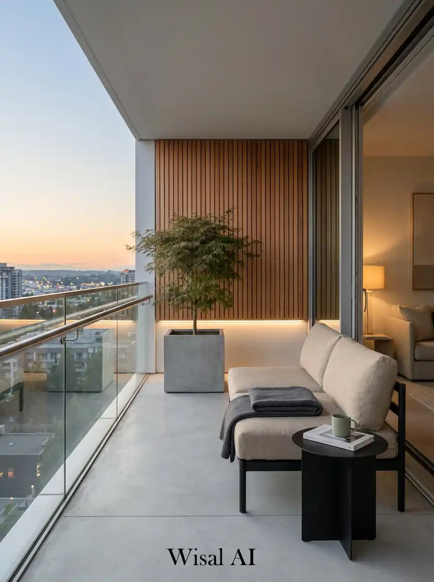 Modern minimal balcony with clean architectural lines and soft neutral outdoor furniture.