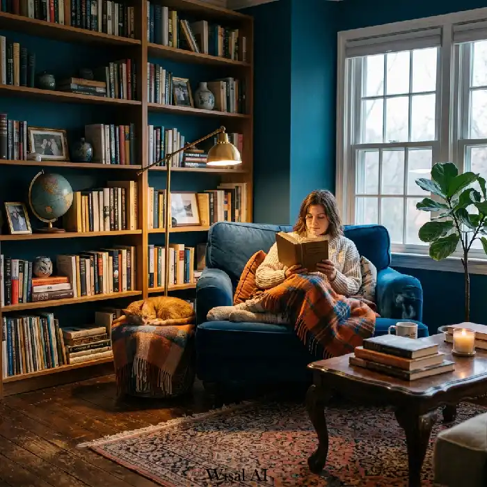 Bohemian living room with moody blue sofa, woven textures, and earthy decor