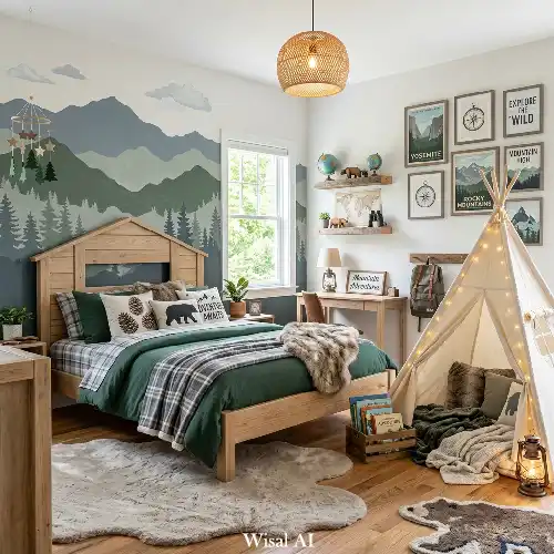 Mountain adventure kids bedroom with nature inspired decor, tents, and earthy tones