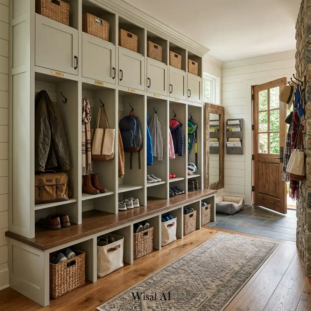 Modern mudroom featuring built-in lockers and personalized family storage solutions