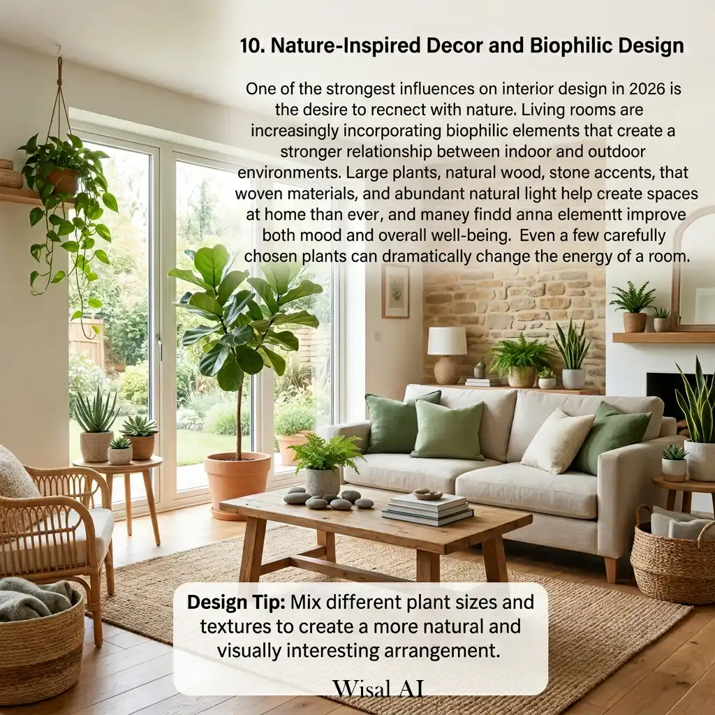 Biophilic living room with large plants and natural materials