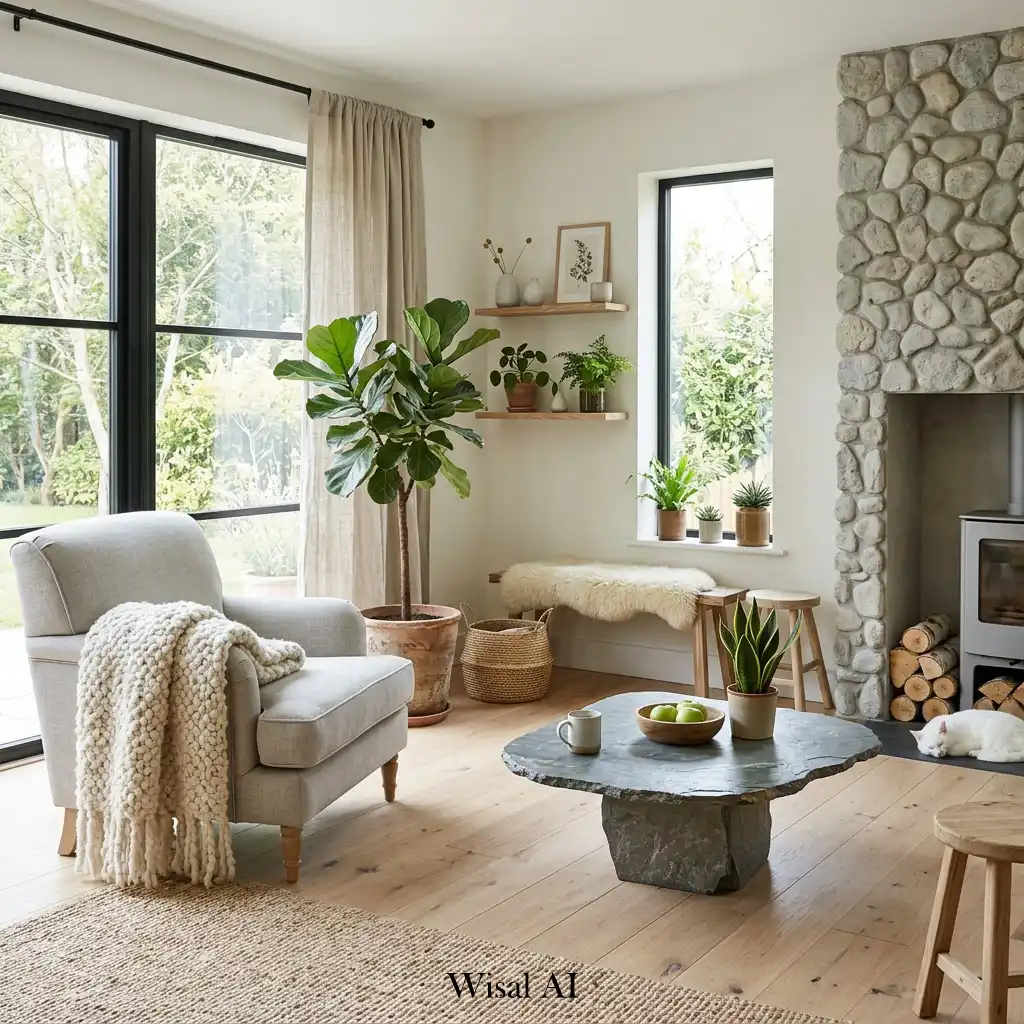 Scandinavian room with indoor plants and natural organic materials