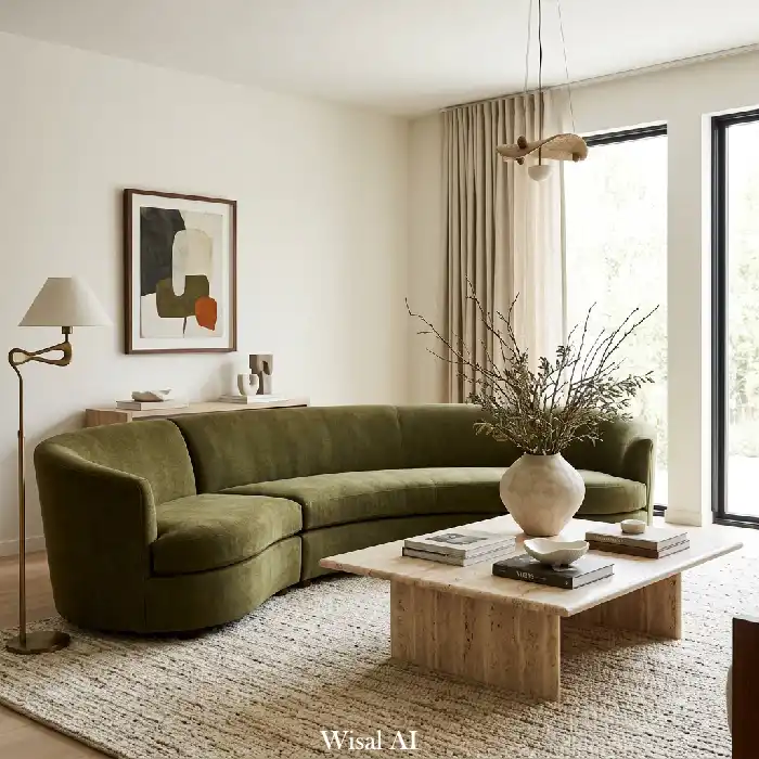 Olive green and travertine living room with curved furniture and organic luxury styling