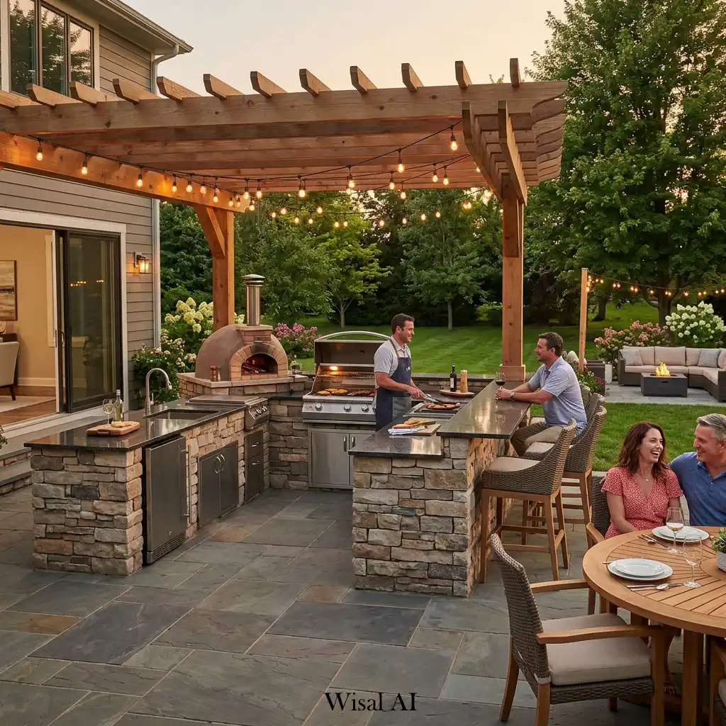 Modern outdoor kitchen with built-in grill, dining area, and stylish backyard layout