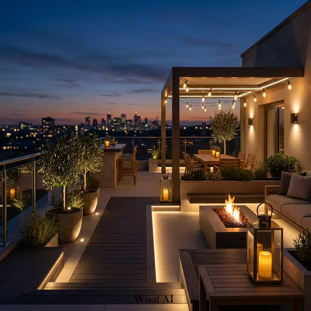 Contemporary rooftop terrace illuminated by layered ambient outdoor lighting