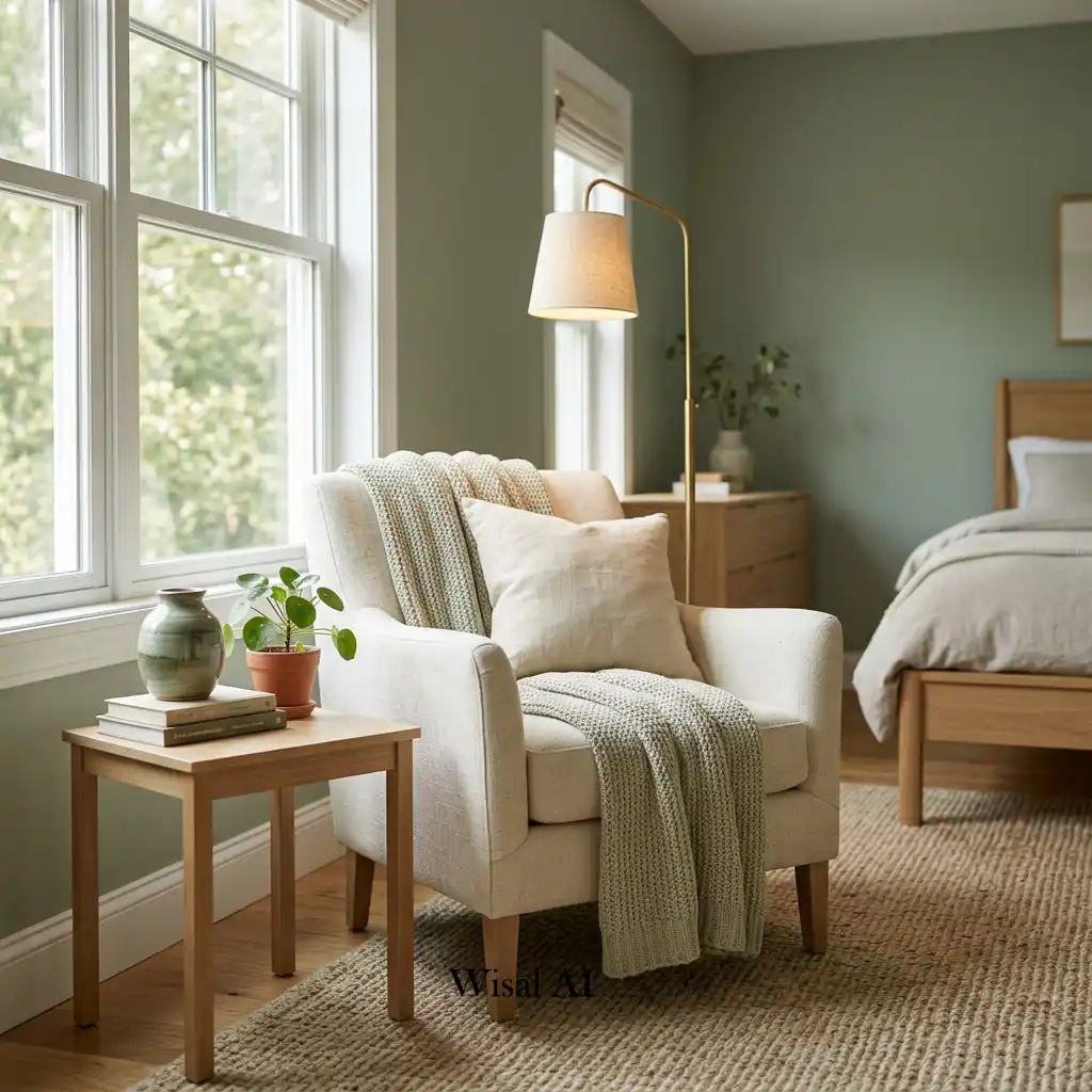 Cozy reading corner in a sage green bedroom with white oak furniture.