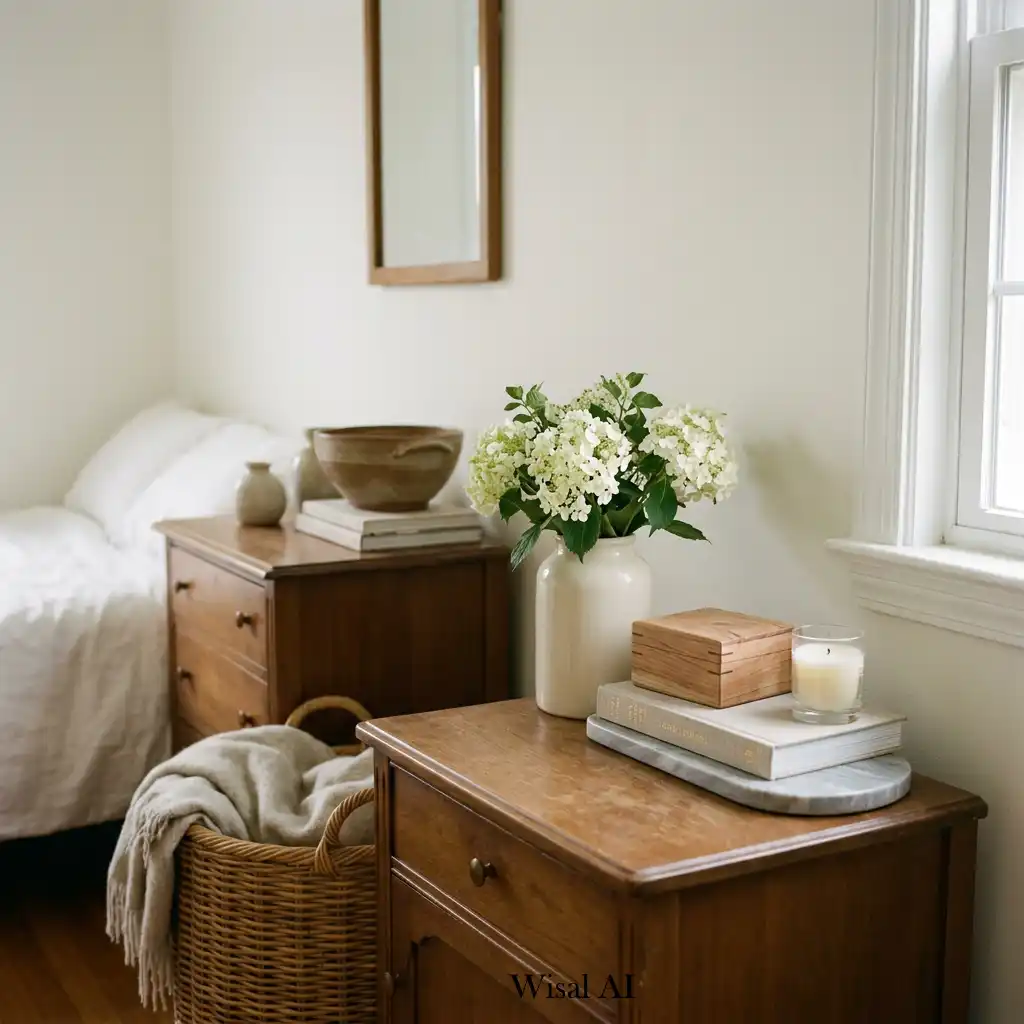 Classic bedroom decorated with ceramic vases, candles, books, and elegant timeless accessories.