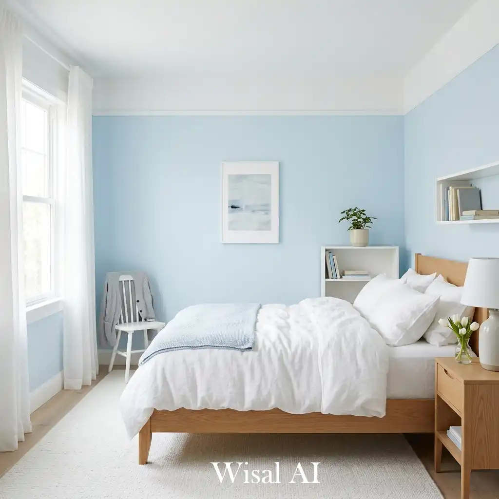 Soft blue bedroom with white and neutral color combination