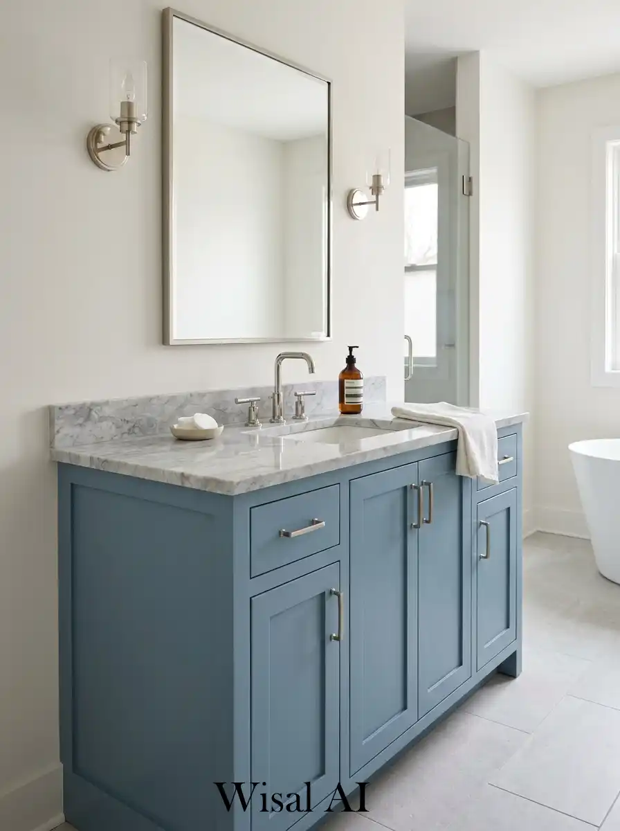 Soft blue vanity with light grey marble countertop