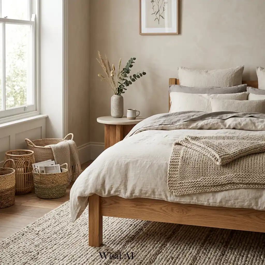 Luxury bedroom styled with linen bedding, wool rugs, and natural wood furniture.