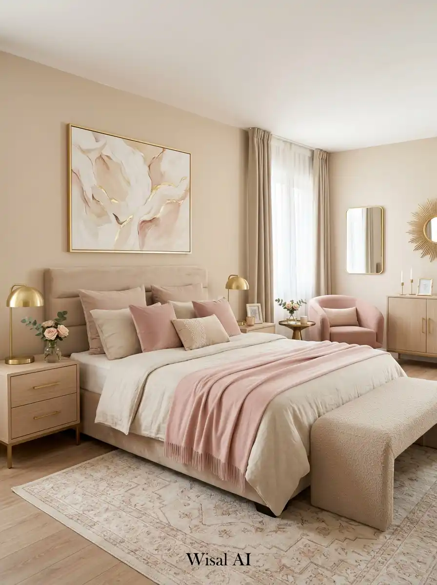Soft feminine bedroom design combining blush pink and beige tones creating a gentle elegant and modern luxury atmosphere.