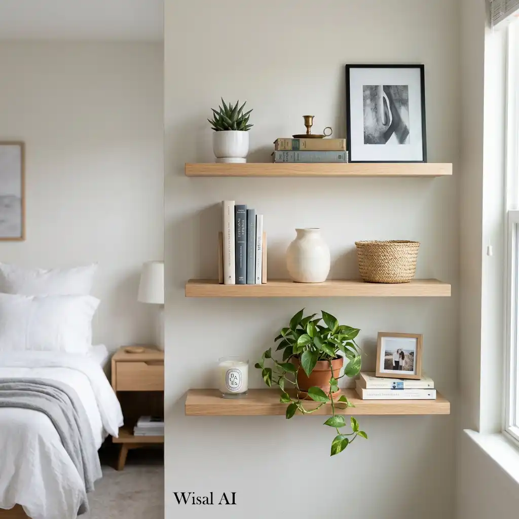 Minimalist bedroom with thoughtfully styled floating shelves creating a clean luxurious display.