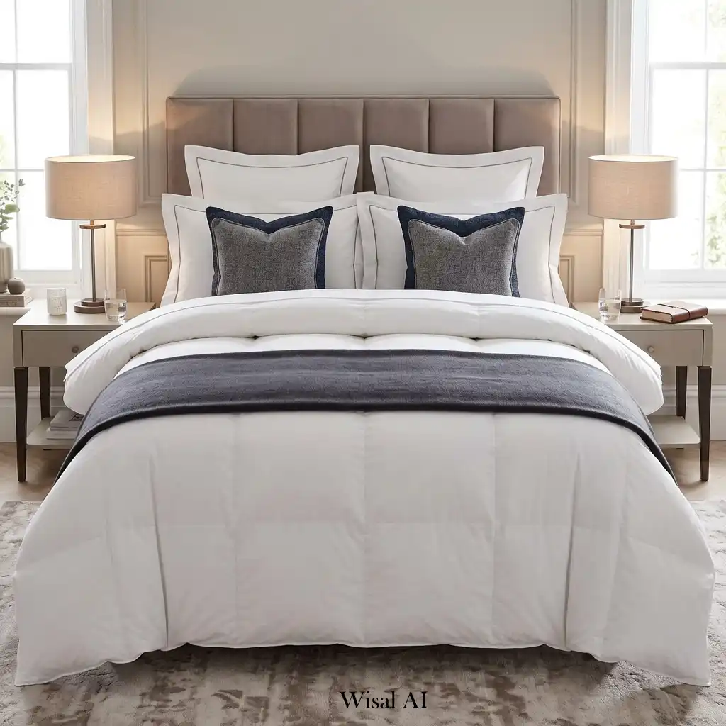 Luxury hotel-inspired bed styled with layered pillows, crisp bedding, and a soft throw.