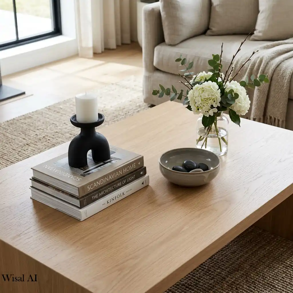 Designer coffee table styled with books, candles, and ceramic décor.