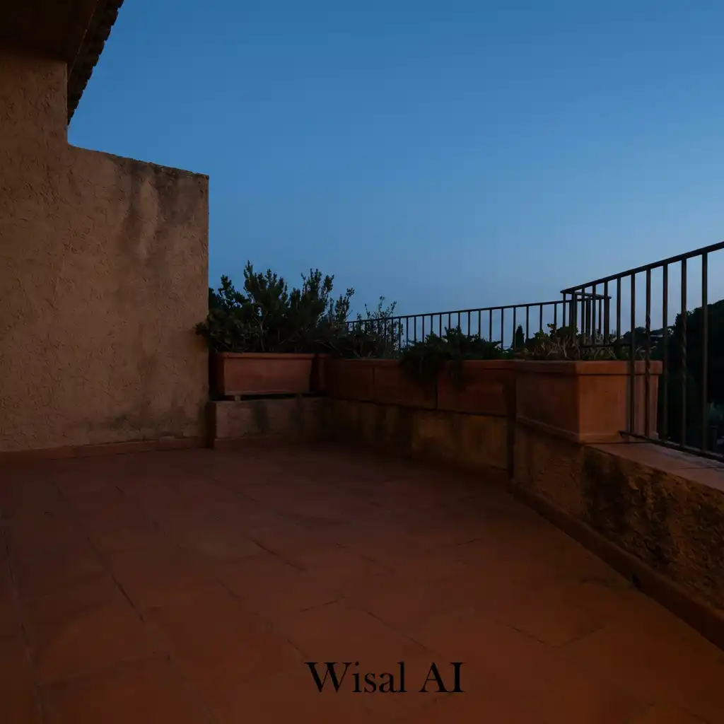 Terracotta balcony with warm ambient evening lighting atmosphere