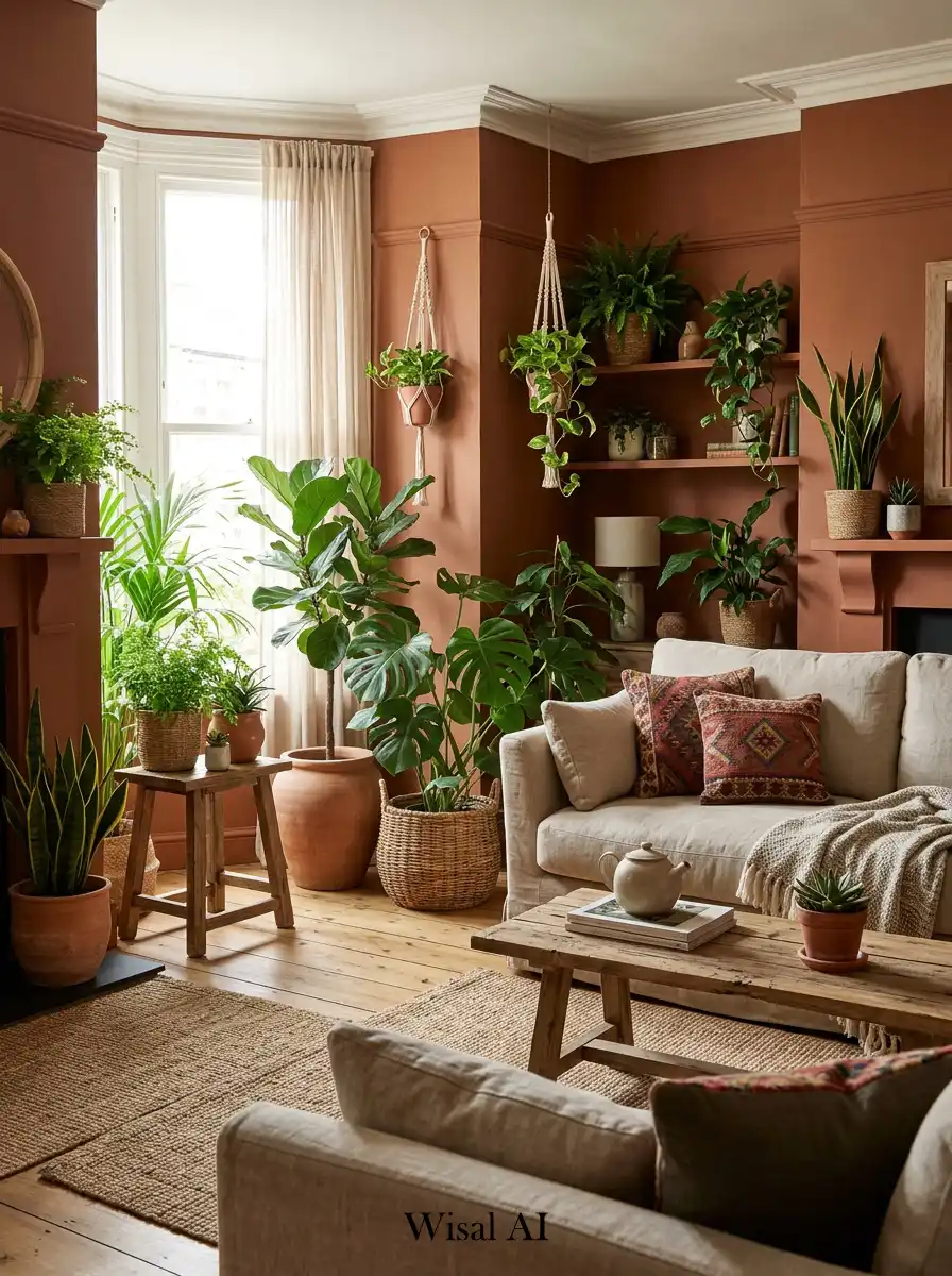 10. Terracotta Boho Living Room with Indoor Plants Concept