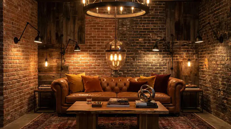 20. The Cellar Gilded in Amber: A Dramatic Moody Industrial Living Room Idea