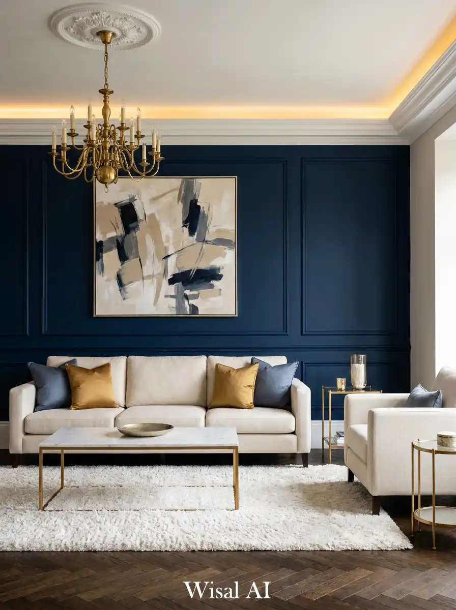 20.The Golden Hour Glow: Navy Blue and White Living Room