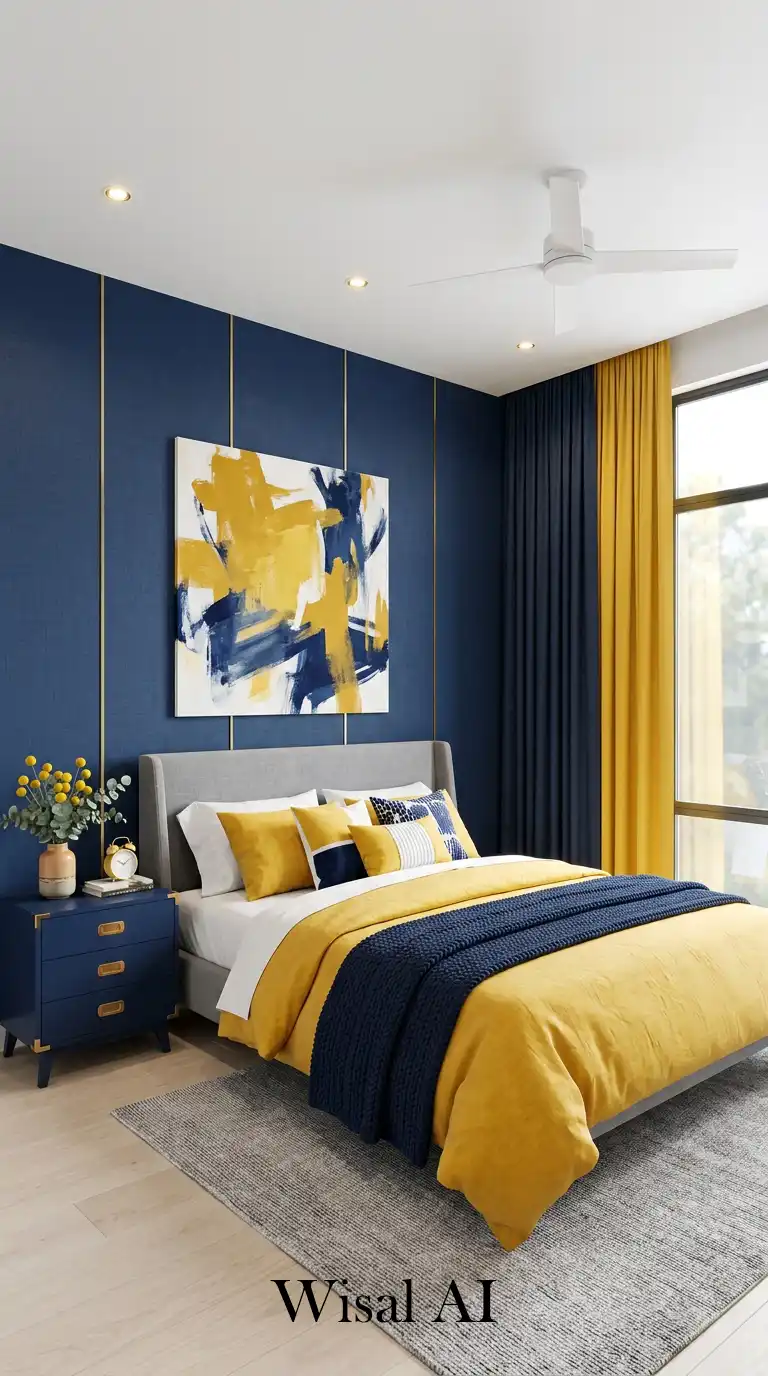 10. The Graphic Retreat: A Styled Blue and Yellow Bedroom Idea