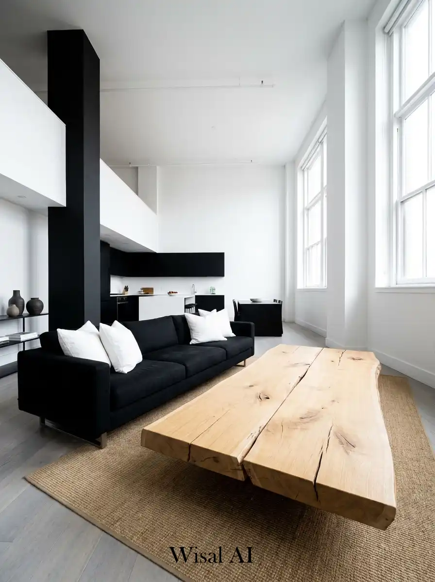 The High-Contrast Loft: A Black and Wood Living Room Idea