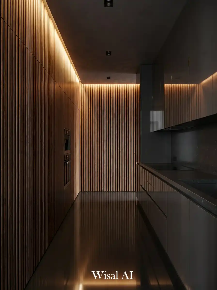 10. High-Gloss & Wood Slat Fusion Galley Kitchen