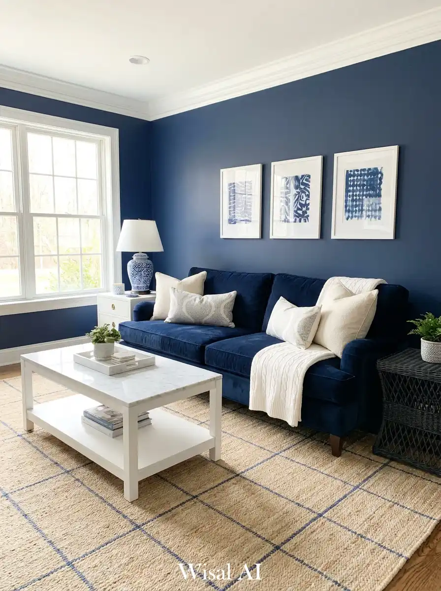 10. The Transitional Navy Blue and White Living Room